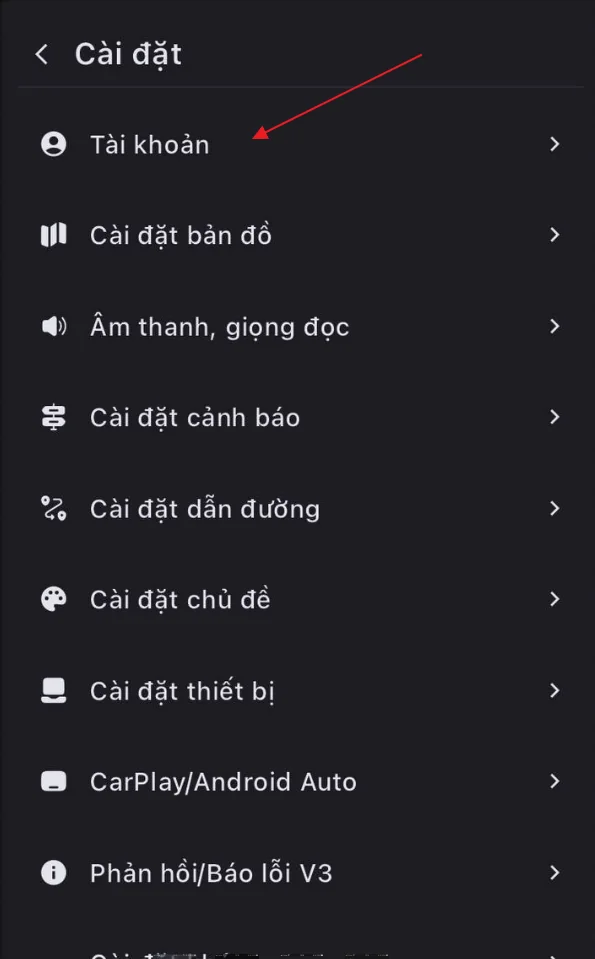 Bước 3: Chọn mục Tài khoản trong menu cài đặt Vietmap Live