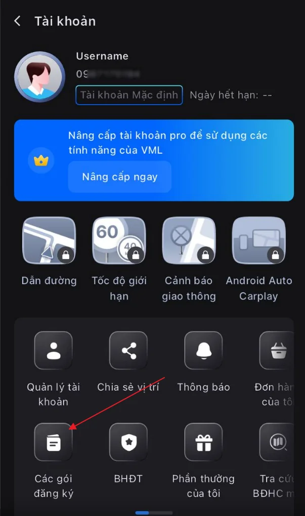 Bước 4: Chọn Các gói đăng ký trong menu tài khoản Vietmap Live