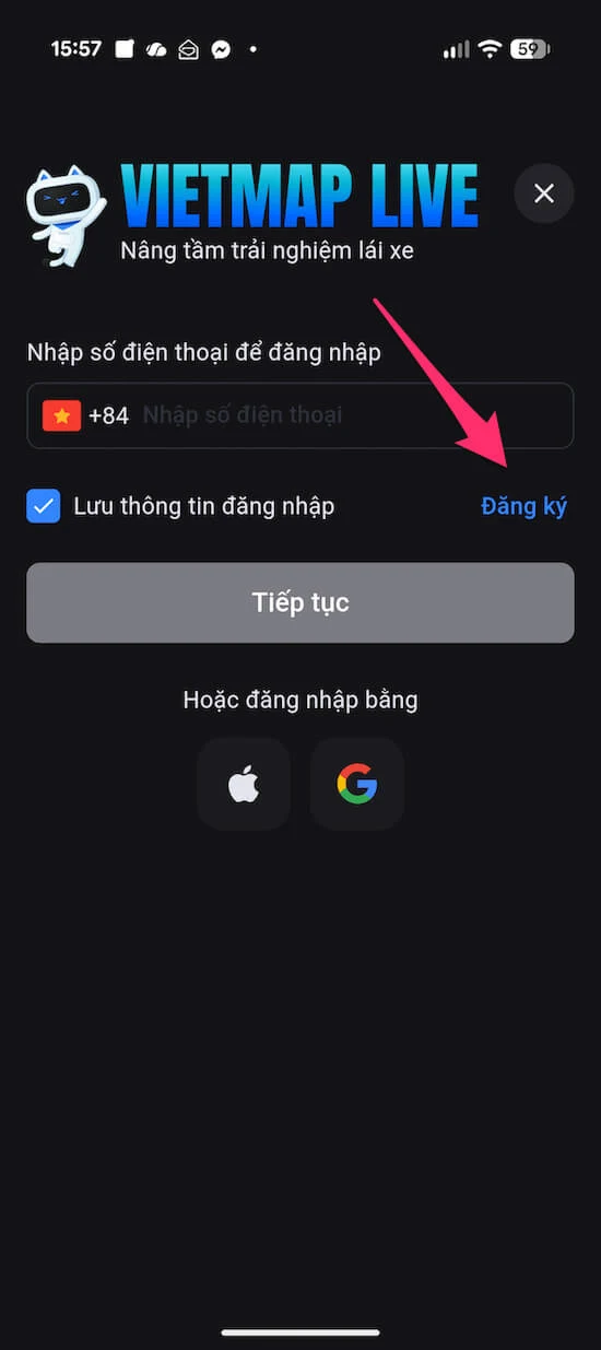 Bước 1: Chọn mục Đăng ký tại màn hình đăng nhập Vietmap Live