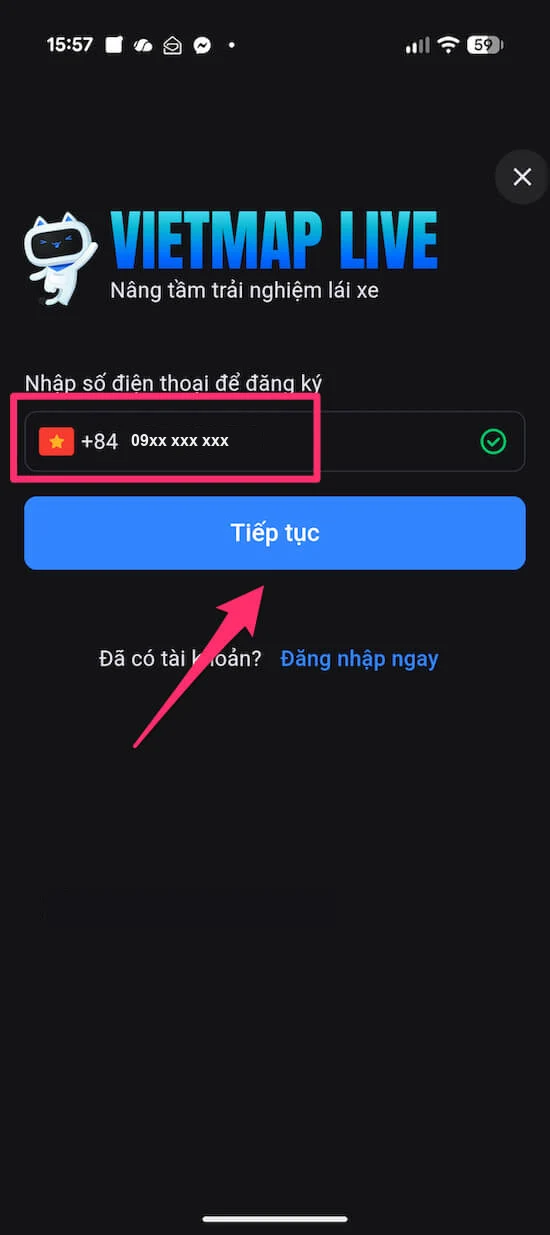 Bước 2: Nhập số điện thoại đăng ký tài khoản Vietmap Live