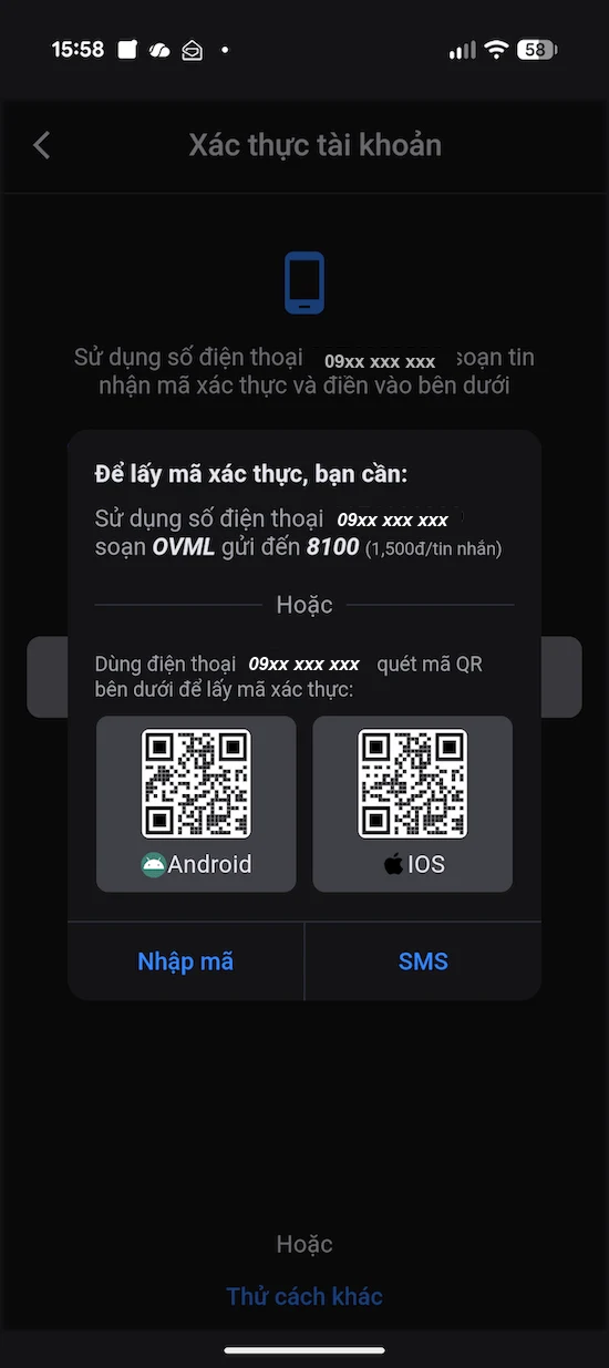 Bước 3: Hộp thoại hướng dẫn gửi tin nhắn SMS hoặc quét mã QR lấy OTP Vietmap Live